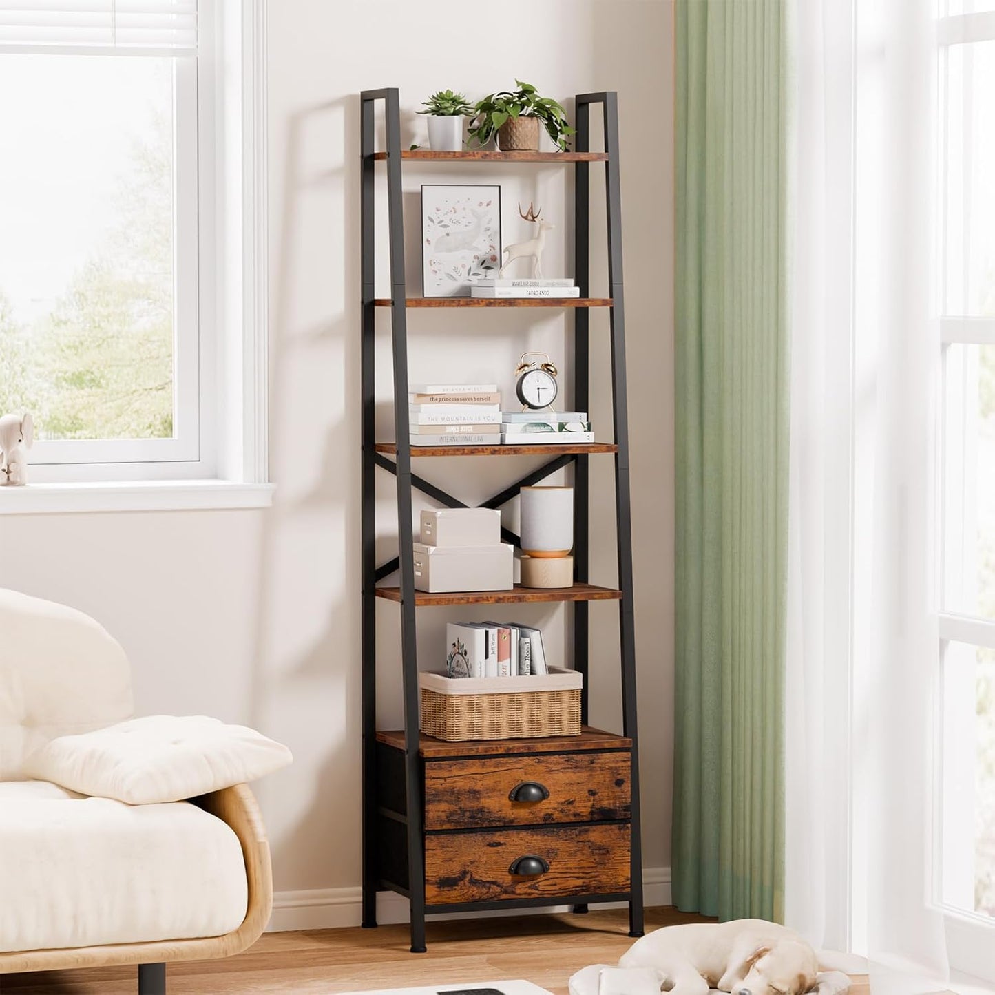 5 Tier Floor Shelf – Storage Rack with Drawers for Home Decor